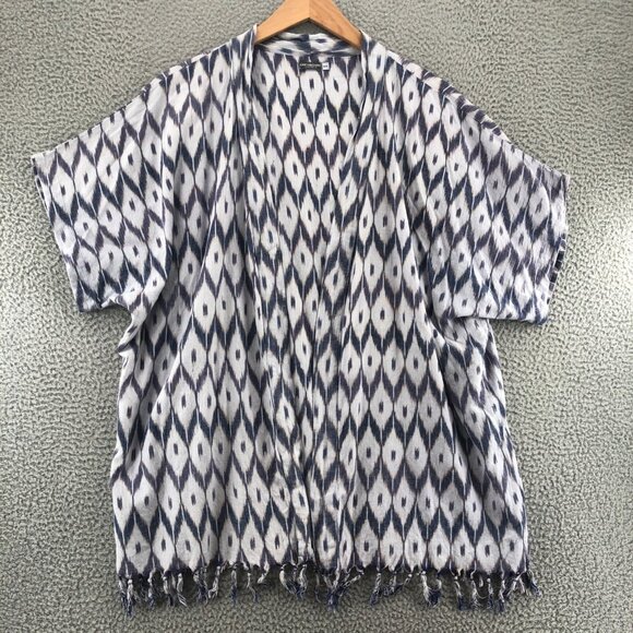 Earthbound Top Womens Small Blue Ikat Kimono Tassel Dolman Short Sleeves Open - Picture 1 of 10